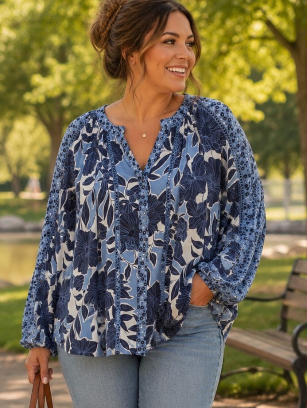 Zac & Rachel Oversized Blue Floral Button Down Balloon Sleeve Blouse. NWT